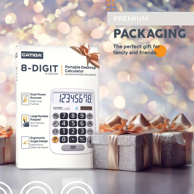 CATIGA Desktop Calculator 8 Digit with Solar Power and Easy to Read LCD Display, Big Buttons, for Home, Office, School, Class and Business, 4 Function Small Basic Calculators for Desk, CD-8185 - Image 2